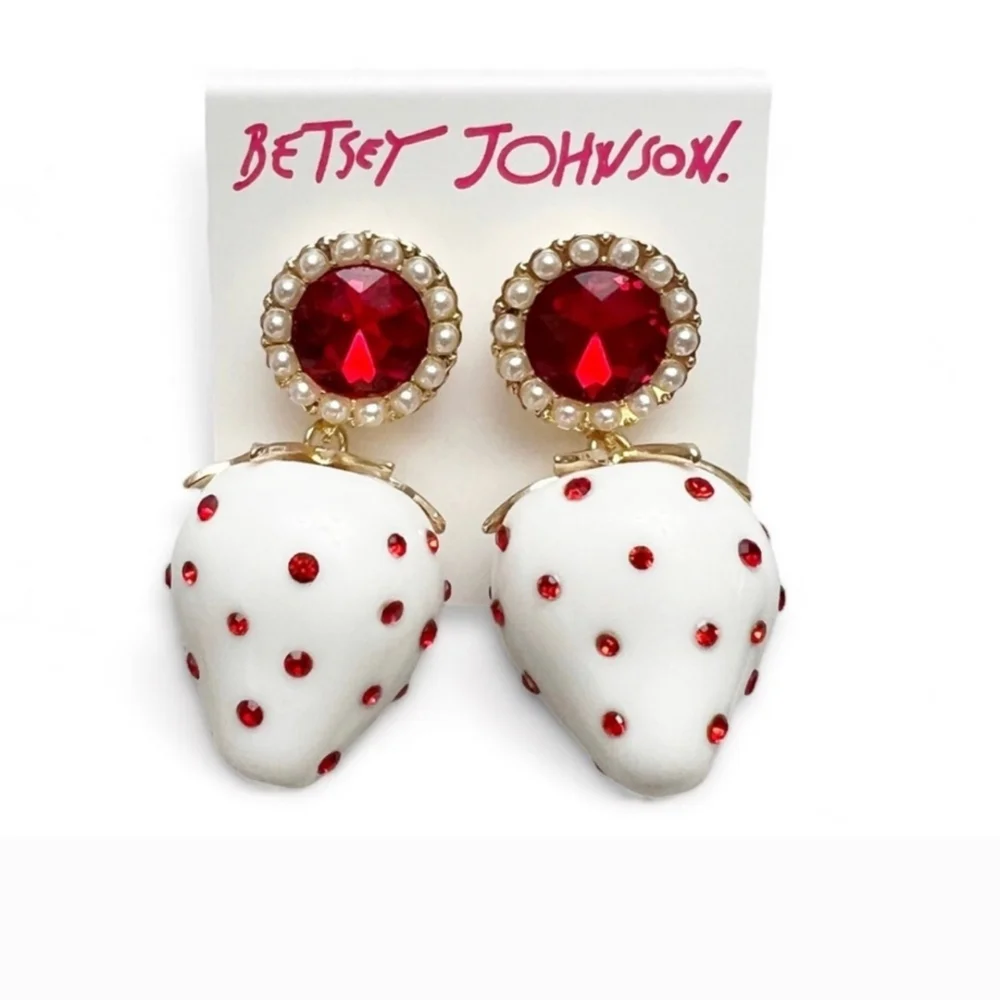 Betsey Johnson Red Crystal Faux Pearl Strawberry Dangle Earrings NWT - Picture 1 of 6